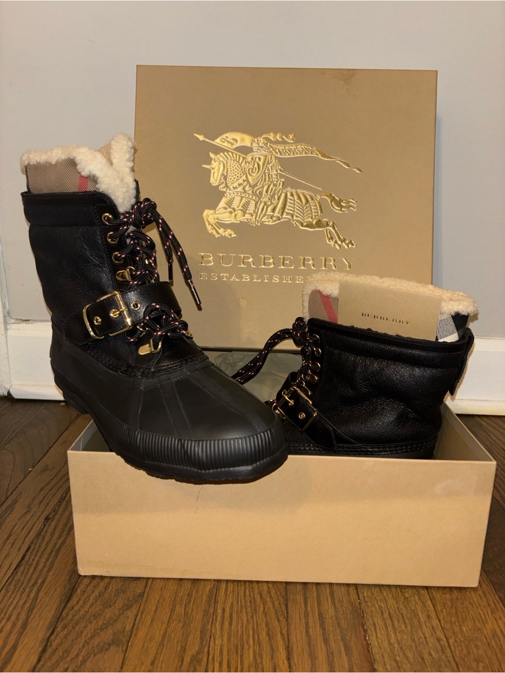 Burberry Black Shearling-Trim Lace-Up Rain Boots